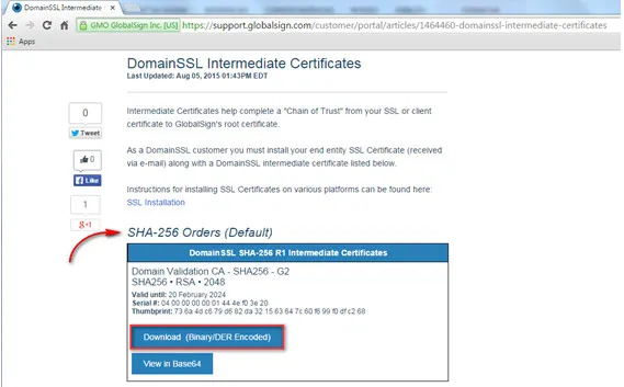 Figura 1 - Certificado Intermediário da GlobalSign