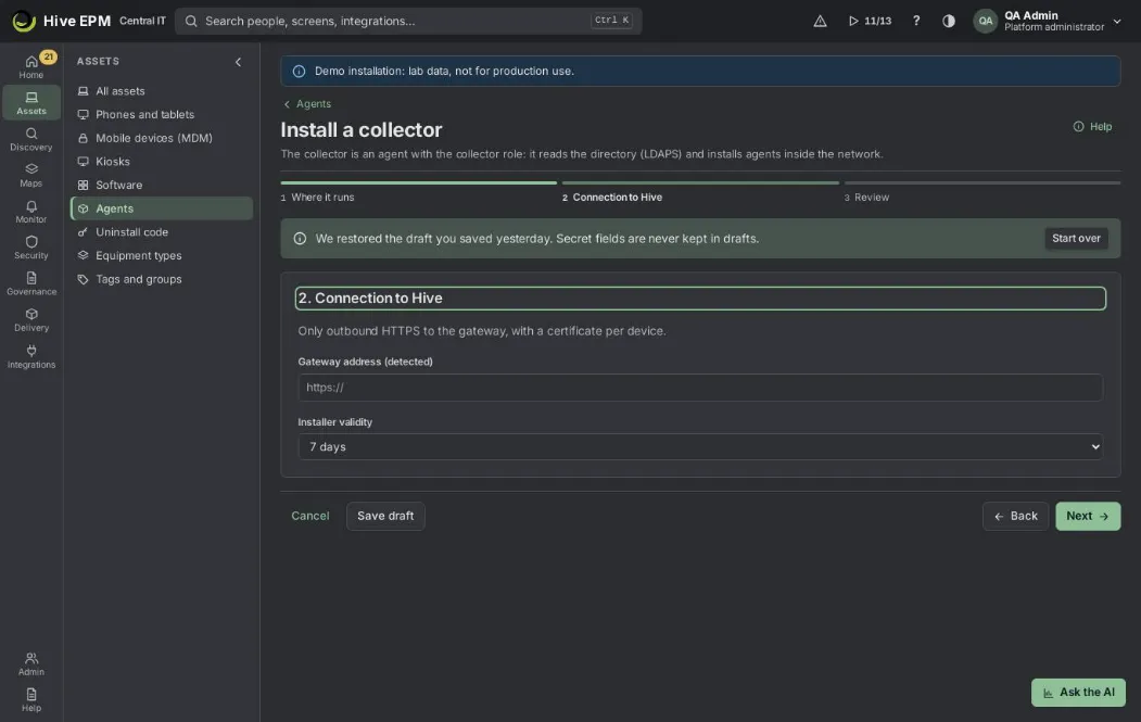 Screen: Step by step: create a collector