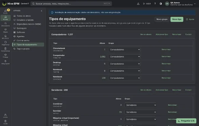Tela: Tipos de equipamento e campos personalizados (1/3)