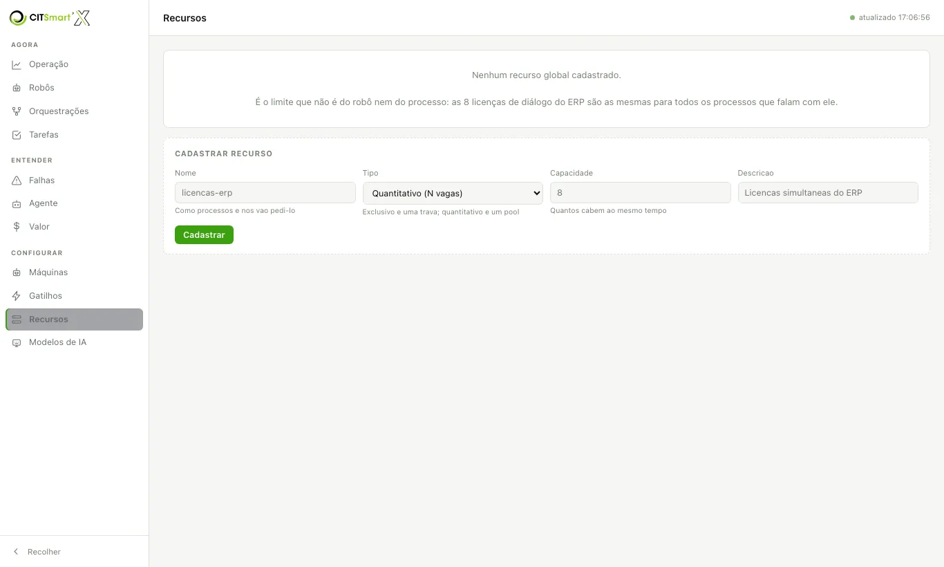 Tela Recursos com o formulário Cadastrar recurso