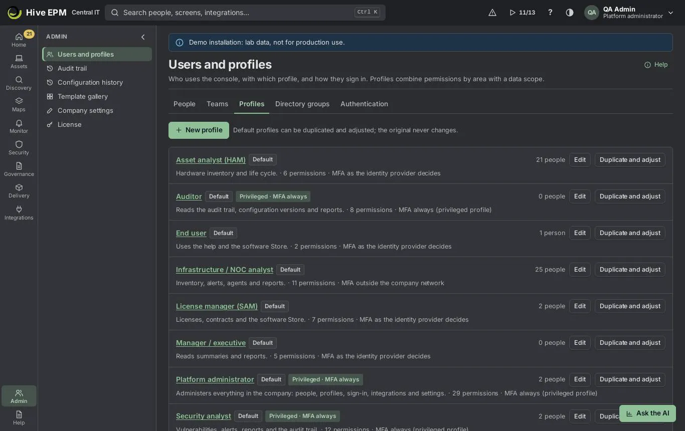 Screen: Profiles and permissions Screen: Profiles and permissions