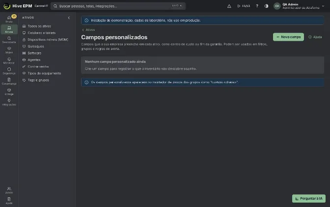 Tela: Tipos de equipamento e campos personalizados (2/3)