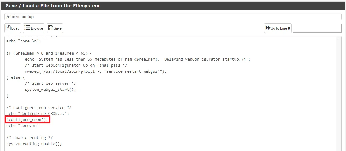 Modificando el script de inicio comentando la entrada "configure_cron()".