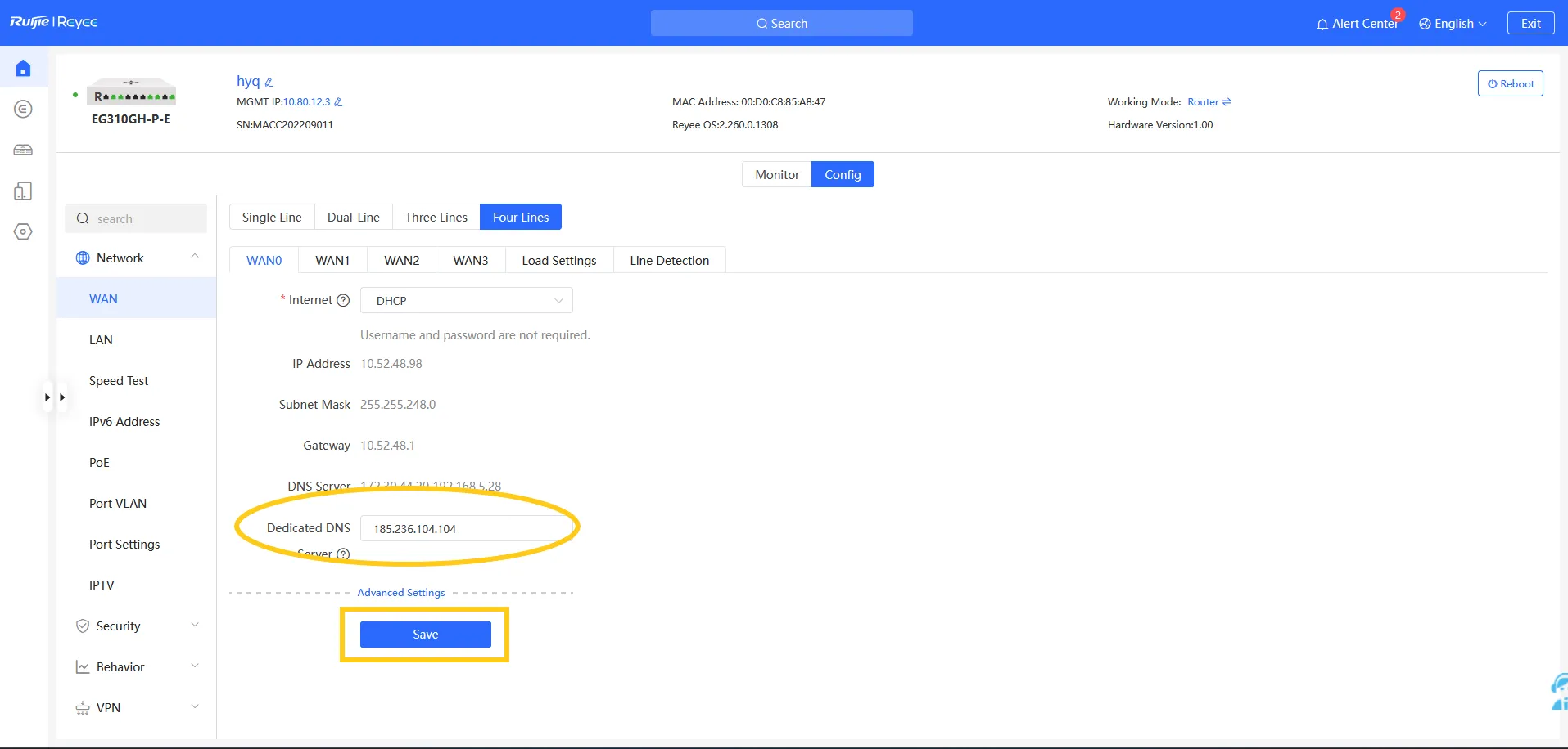 configuración para interfaces WAN