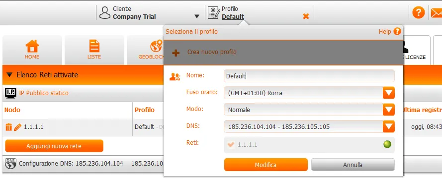 Popup e painel de gerenciamento de perfil