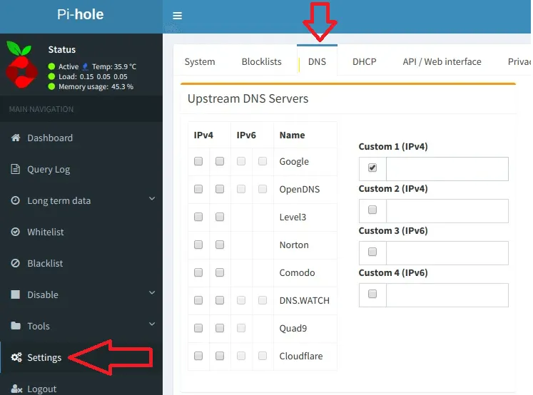 Seleccionando el elemento DNS del menú de configuración