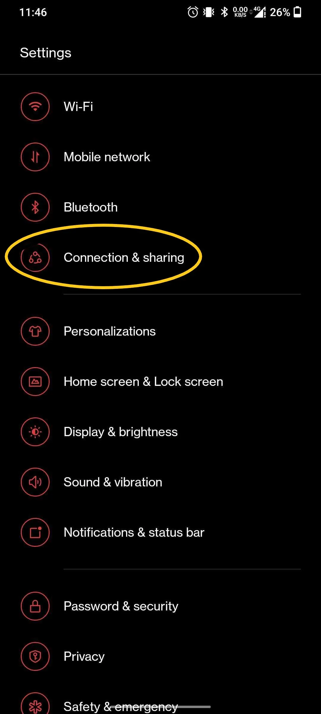 inizial page of android settings