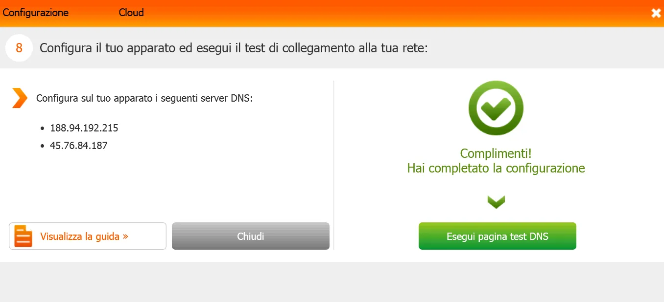 Pagina di test della connessione di rete
