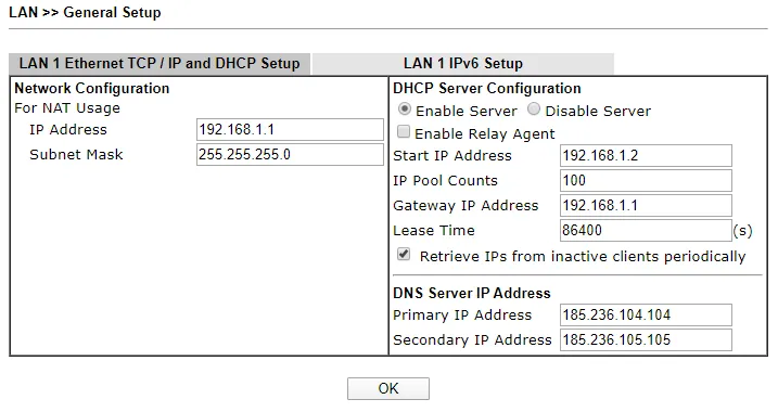 Aktivierung des DHCP-Servers zur automatischen Zuweisung von DNS an interne Geräte