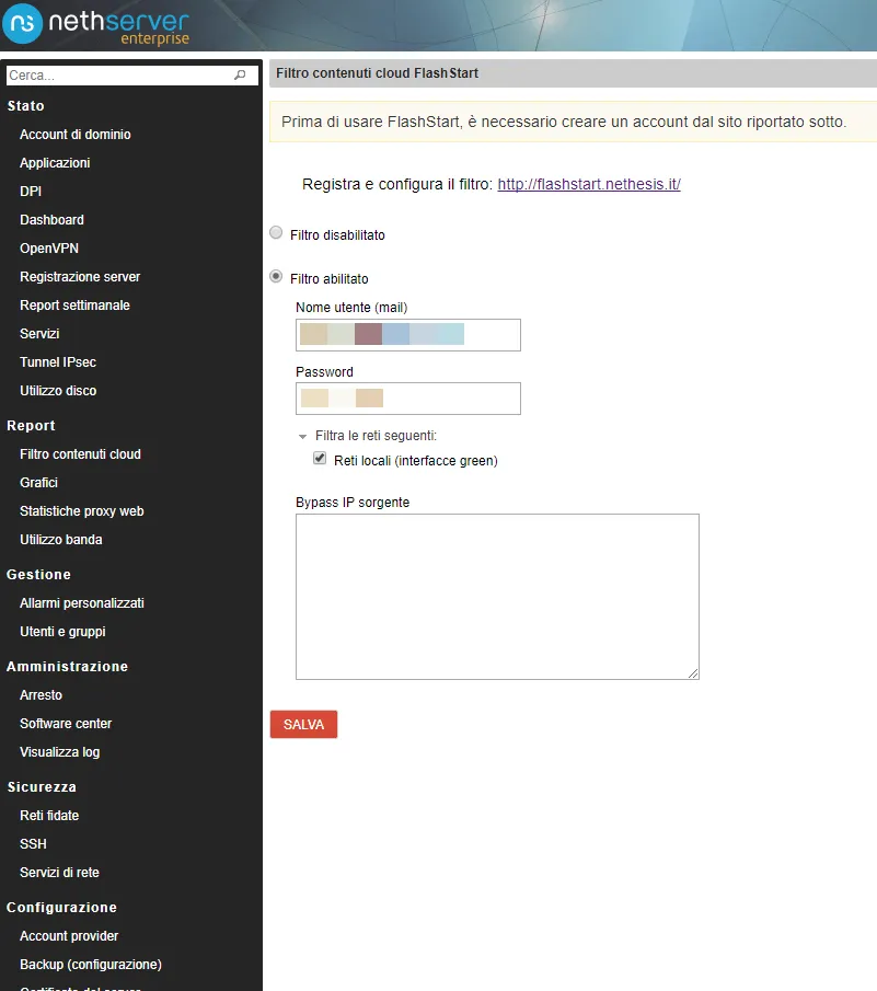 Configurazione delle credenziali di NethServer