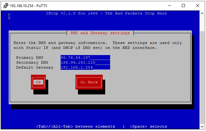Gateway settings within the DNS entry