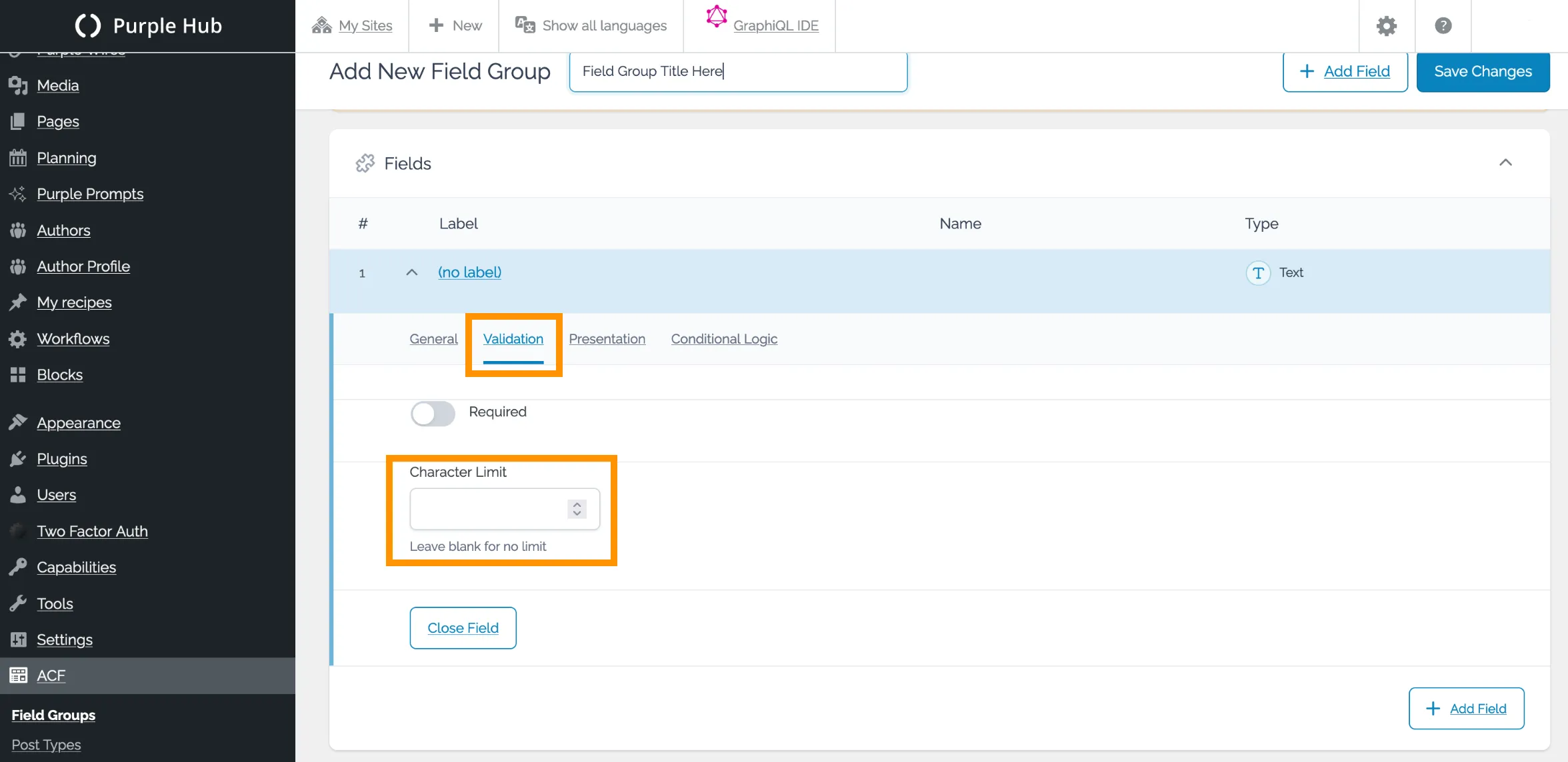 Character Limit Setting for ACF Field Groups