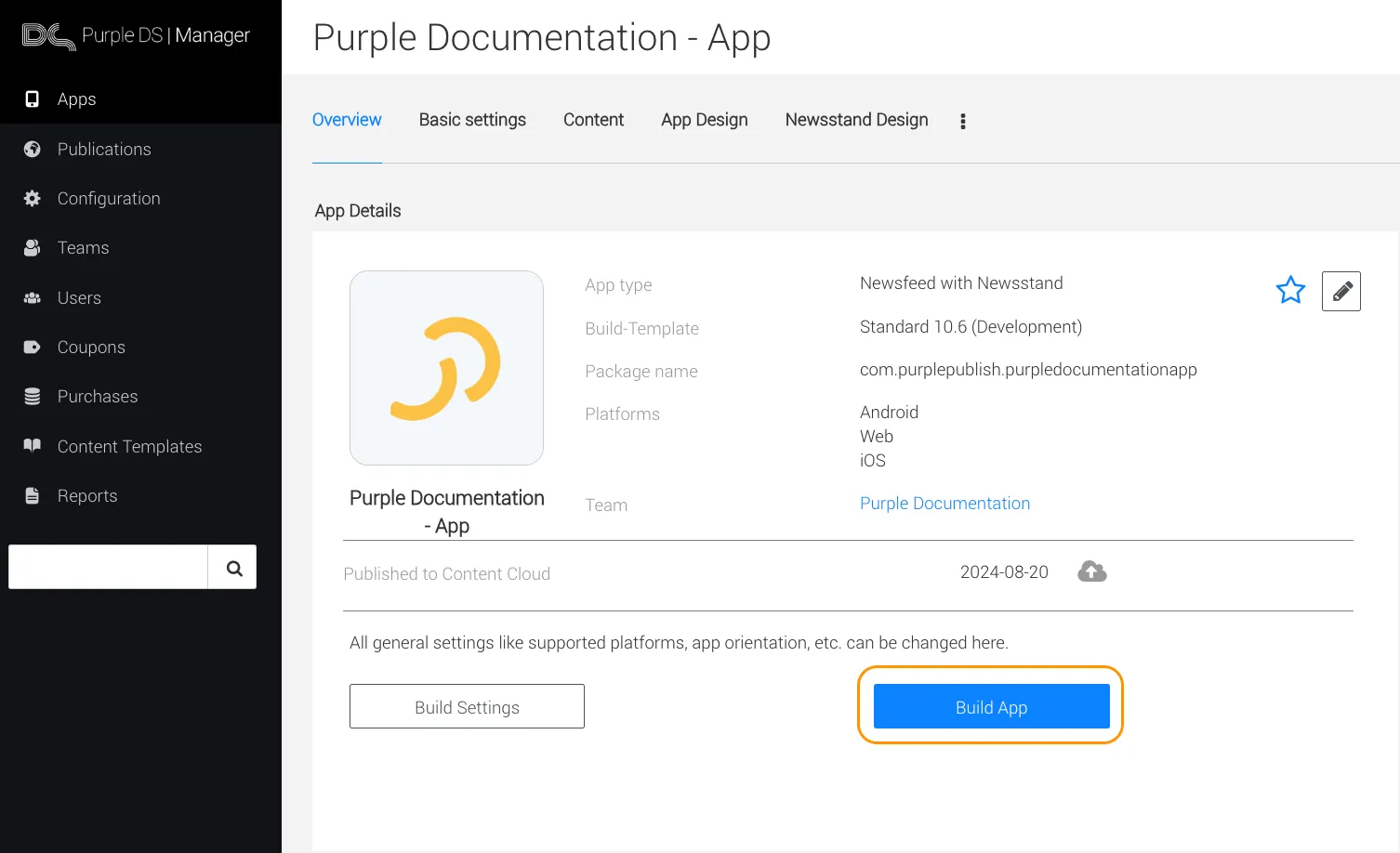 'Build App' Button in Purple Manager