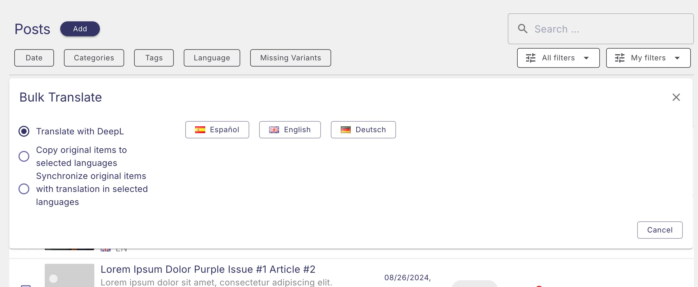 Bulk Translate options in Post Overview Bulk Translate options in Post Overview