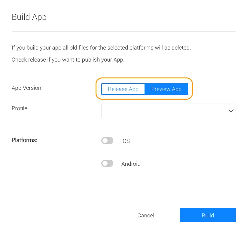 Build App dialogue in Purple Manager