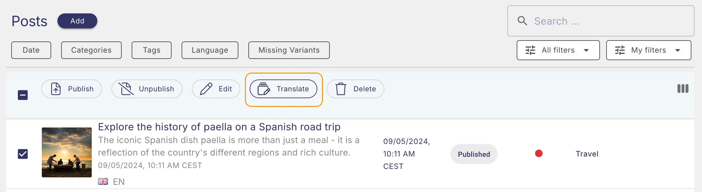 Bulk actions in the post overview Bulk actions in the post overview