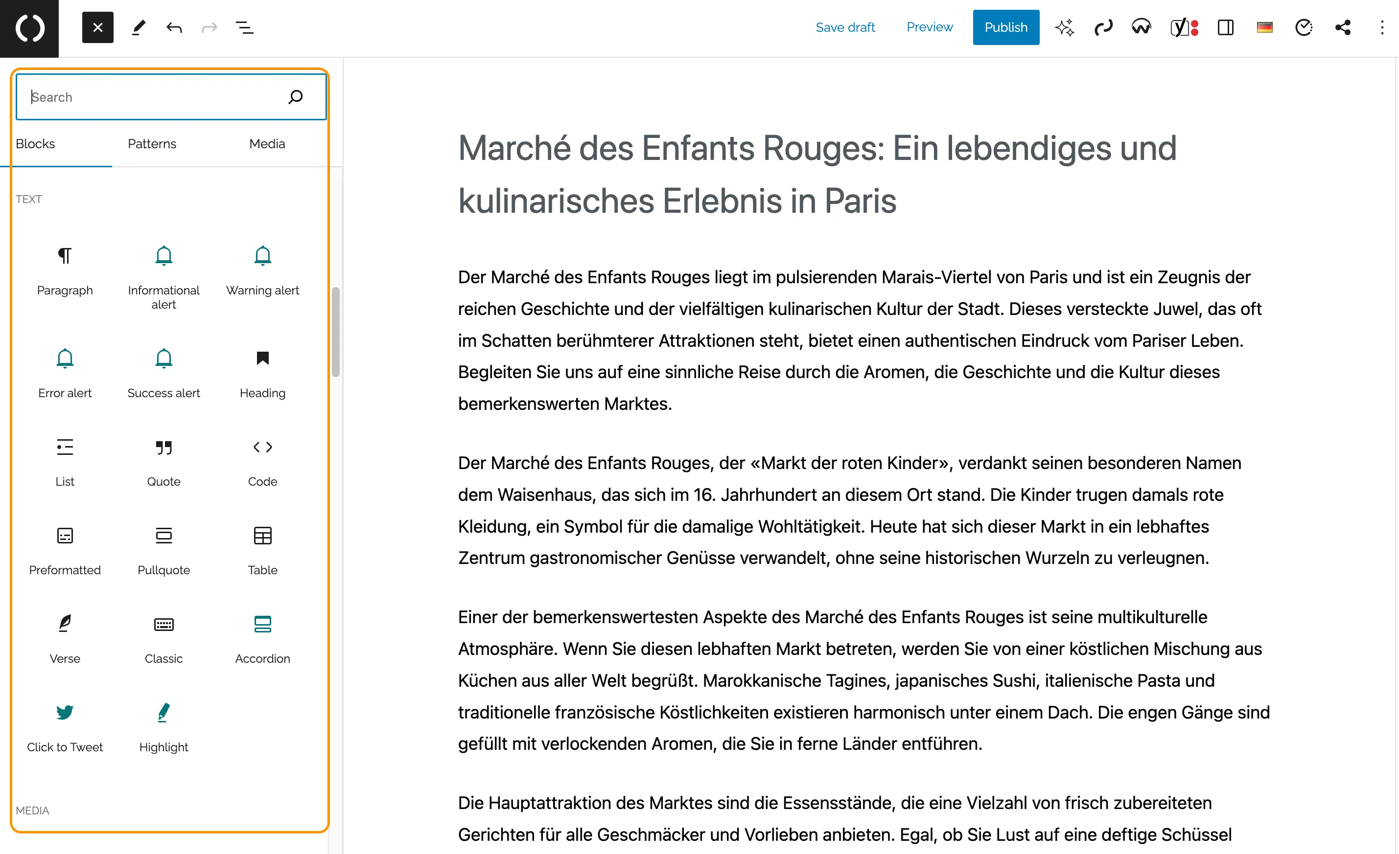 Blocks menu in Gutenberg editor