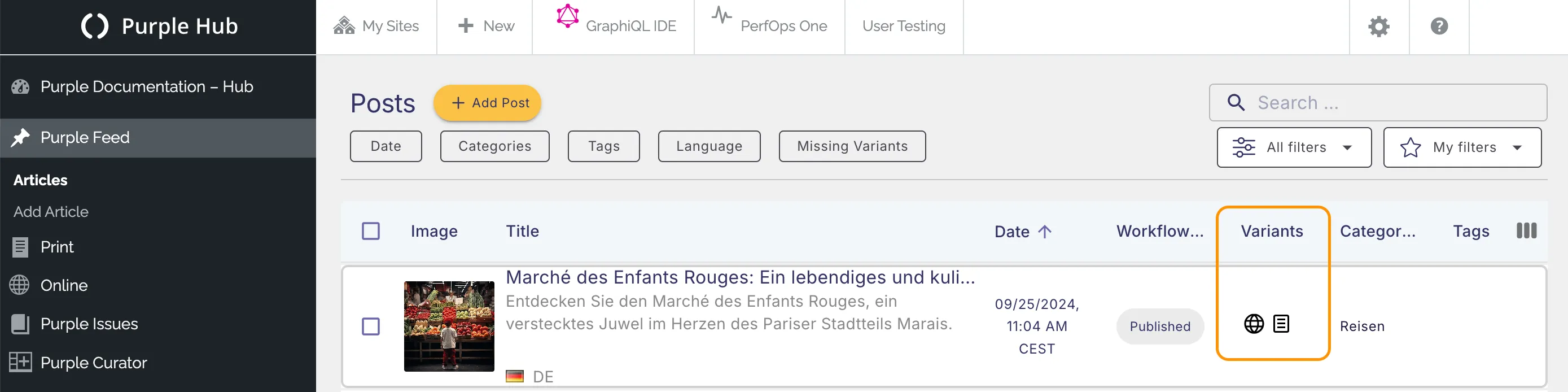 Variants column in the Post Overview in Purple Hub