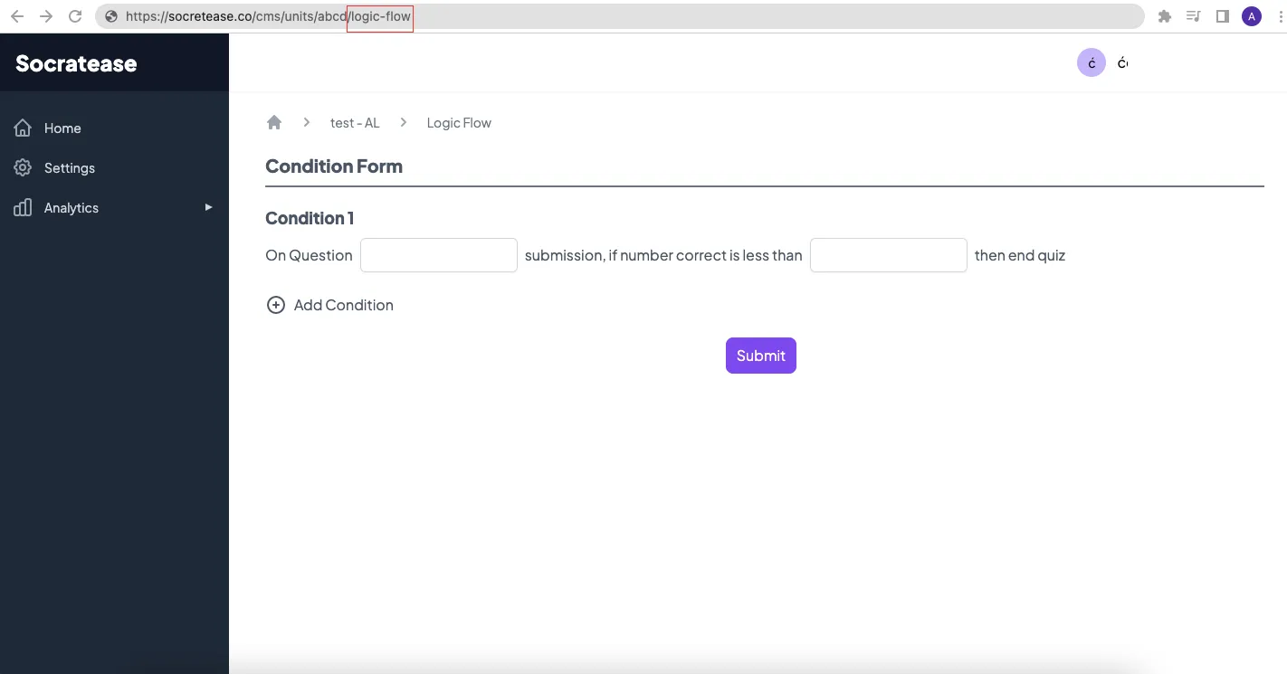 Logic Flow screen after Quiz URL is modified