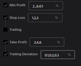Example of multiple values for Min Profit, Stop Loss and Take Profit