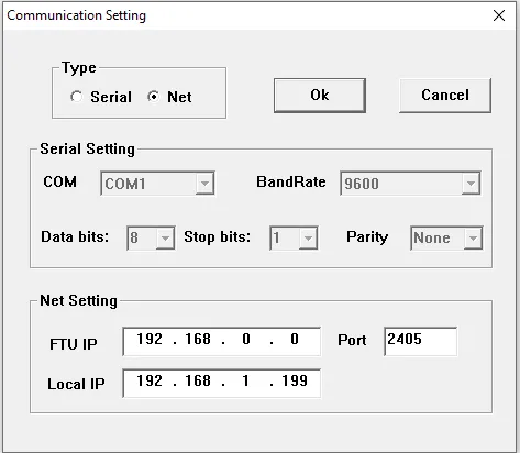 กรณีเลือก Net ให้ SET IP FTU IP และ Local IP (IP NOTEBOOK) ให้ถูกต้อง กรณีเลือก Net ให้ SET IP FTU IP และ Local IP (IP NOTEBOOK) ให้ถูกต้อง