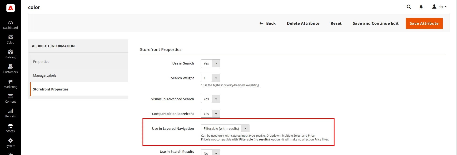 Example of Magento select field attribute