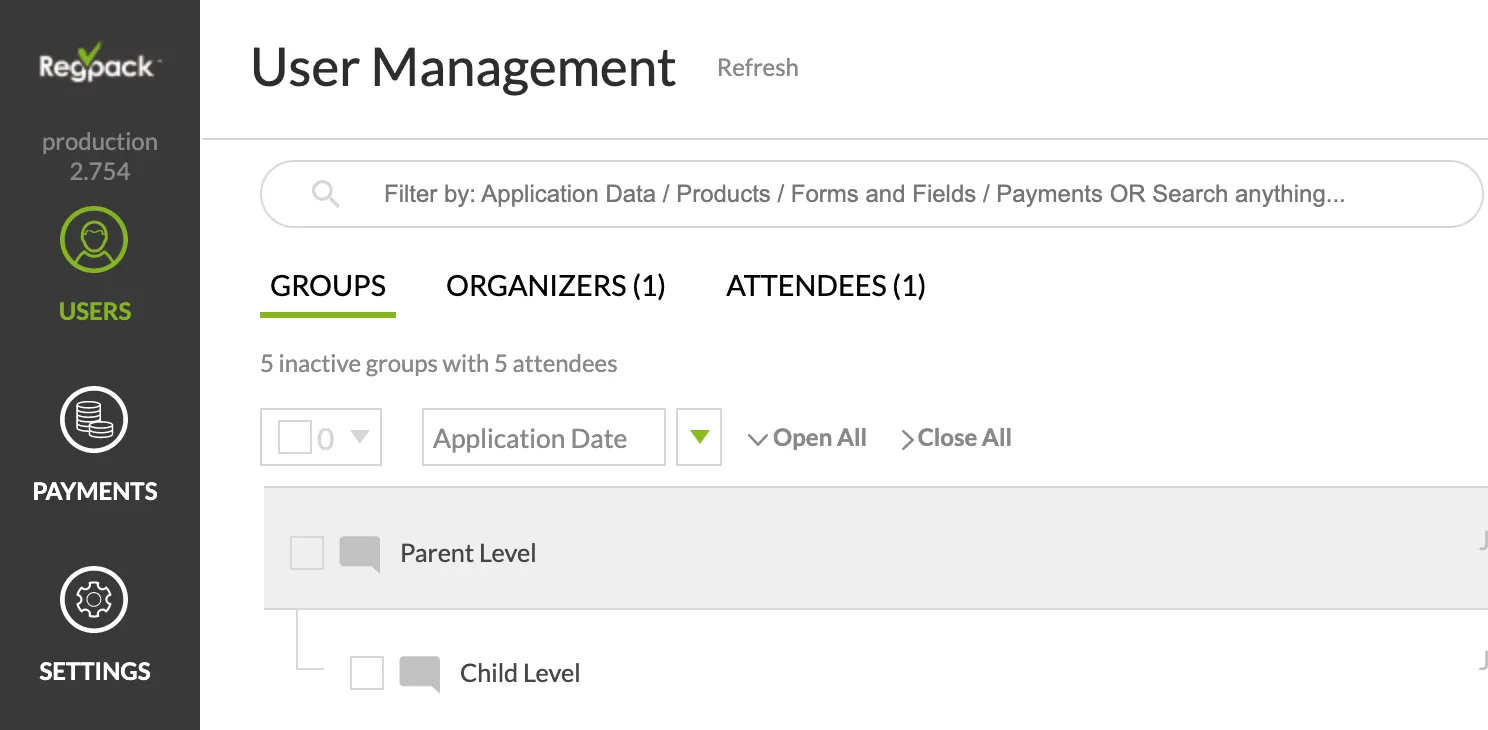 In the provided example, the parents are organizers, and the children are attendees.