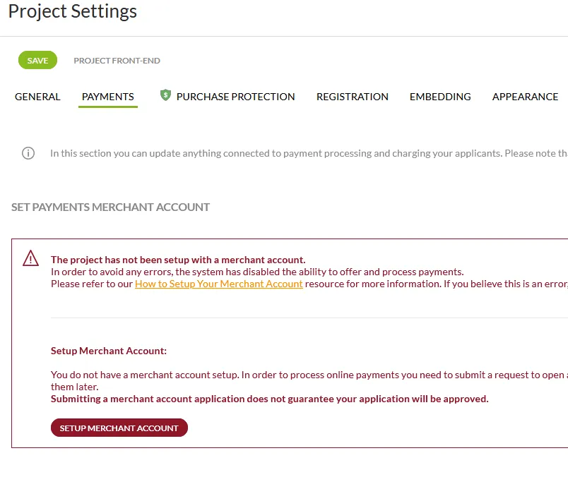project settings payments setup merchant account