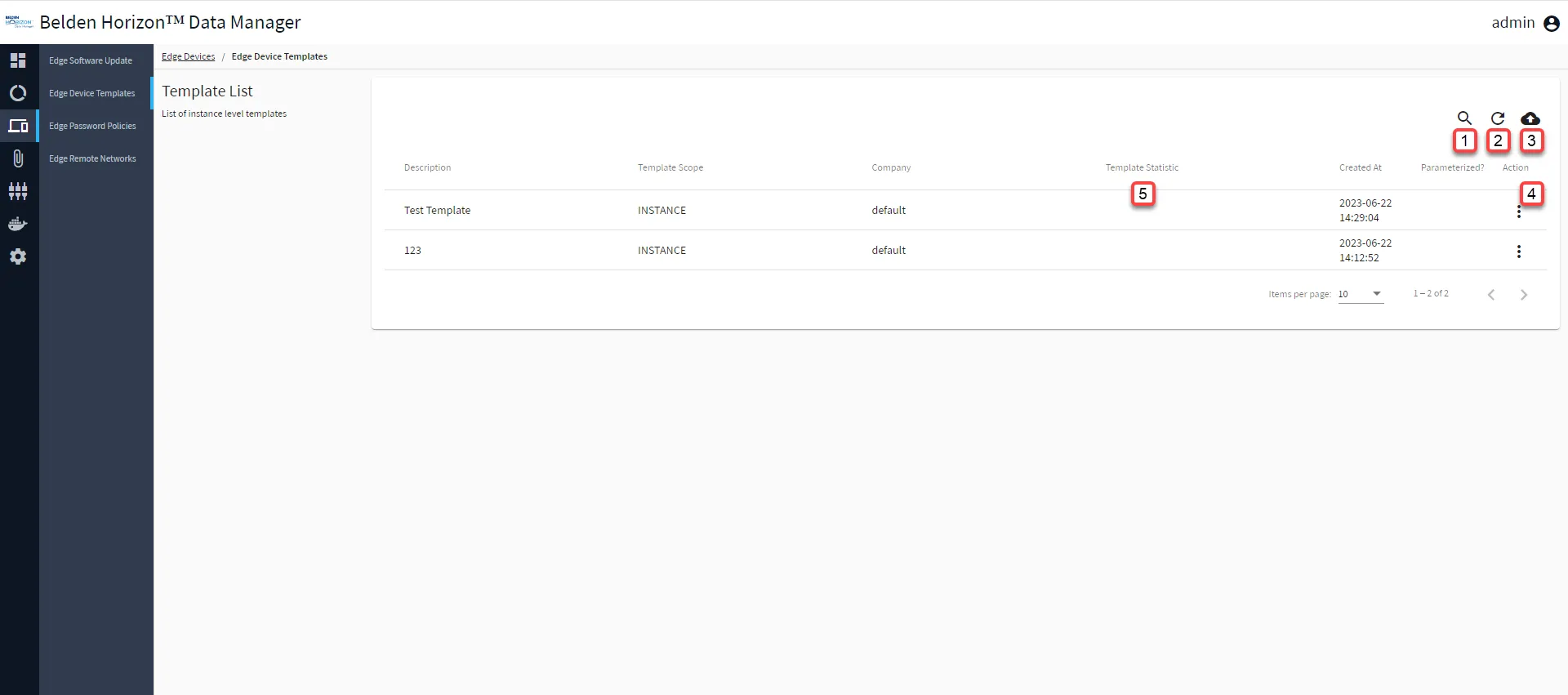 Belden Horizon Data Manager Admin Console: Edge Template List