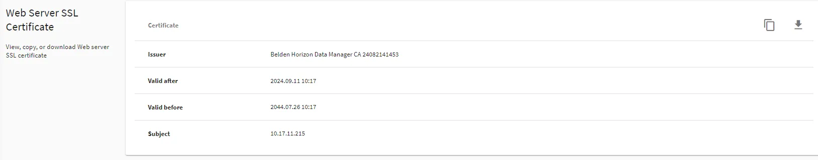 Belden Horizon Data Manager User UI : Settings : Credentials tab : Web Server