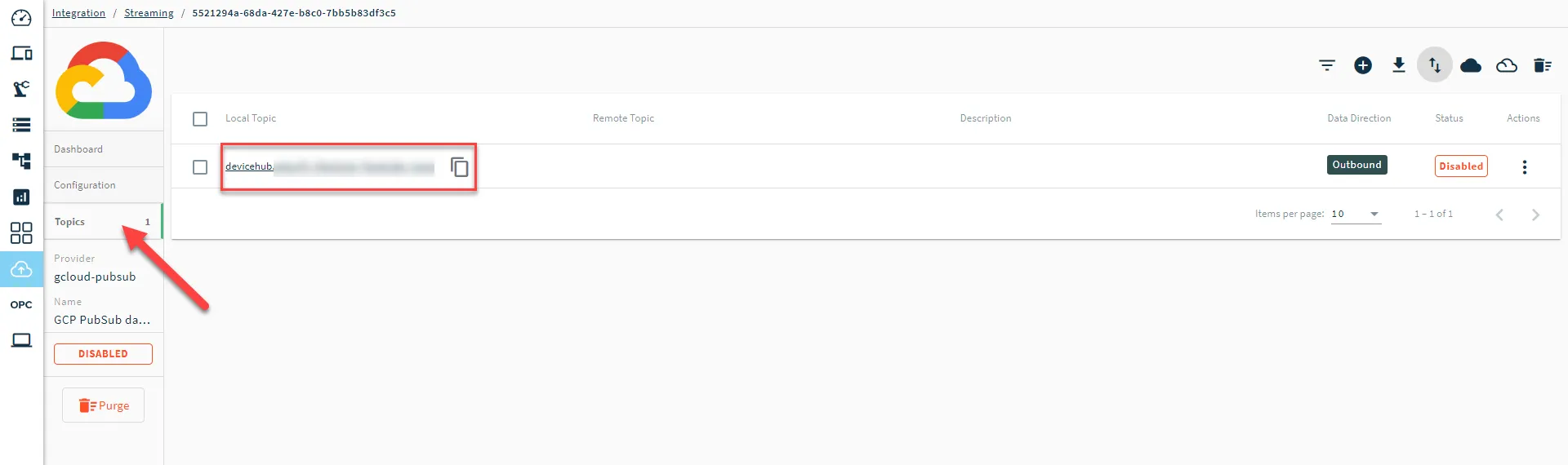 Topics tab in Google Cloud Pub/Sub connector
