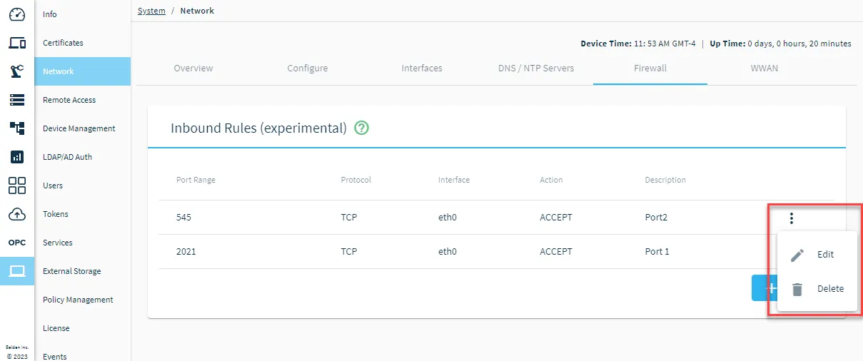 Firewall rule action menu