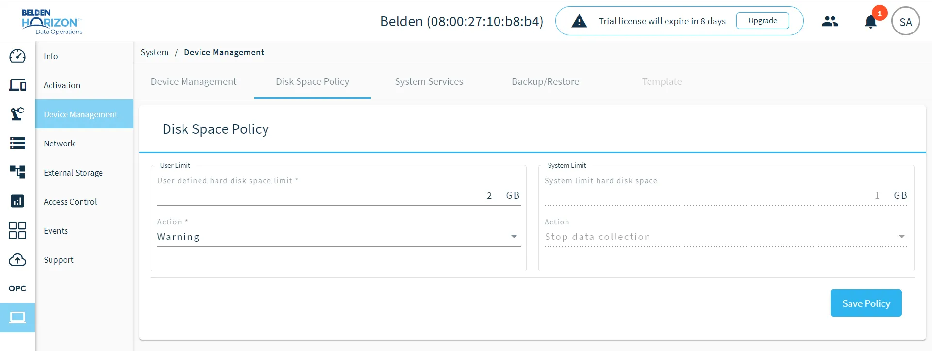The Disk Space Policy section