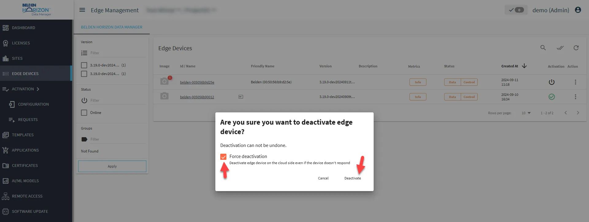 Deactivation dialog box