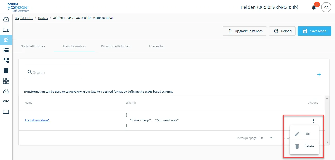 Action menu for data transformation schema