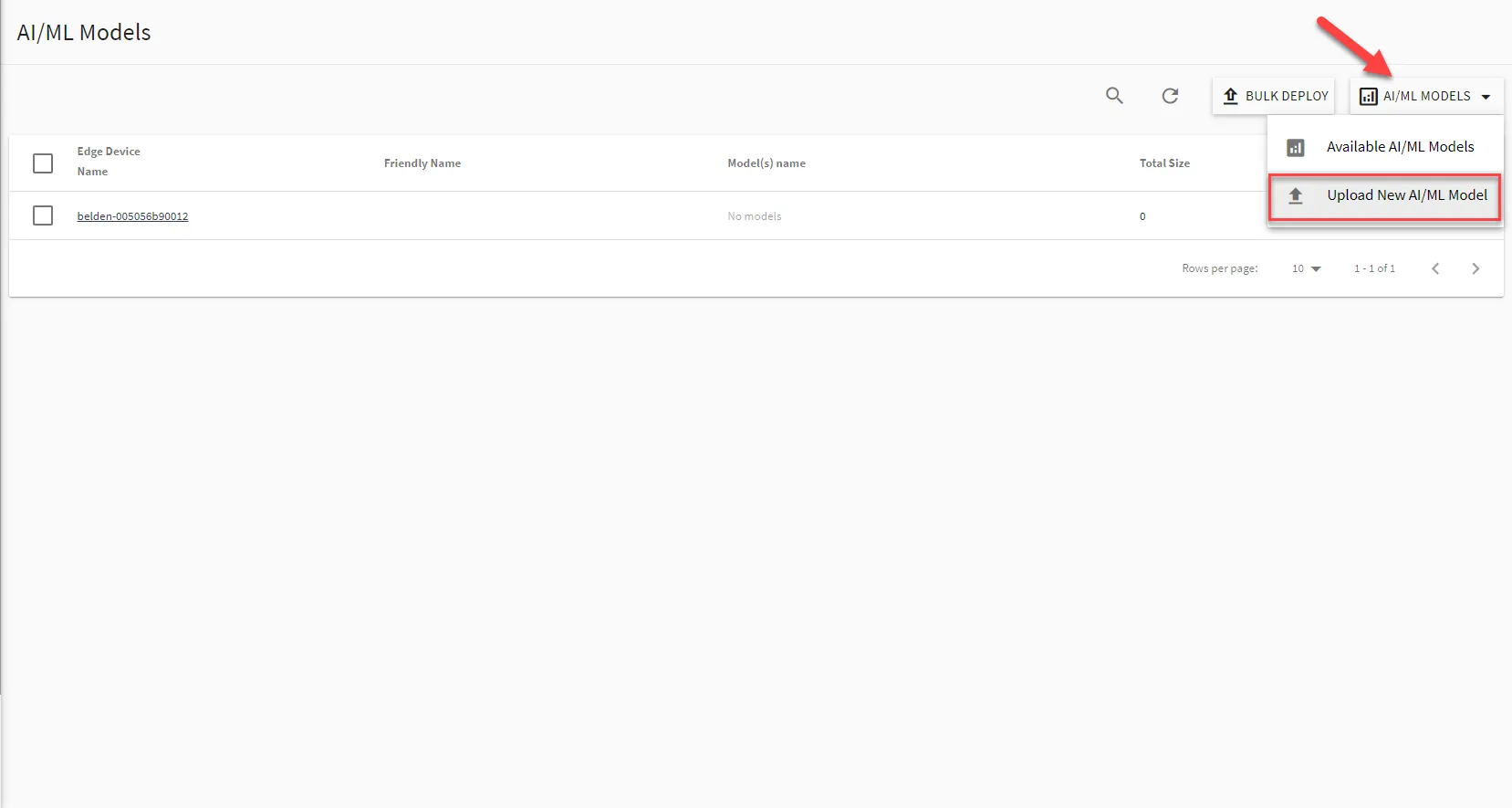 Upload AI/ML Model option