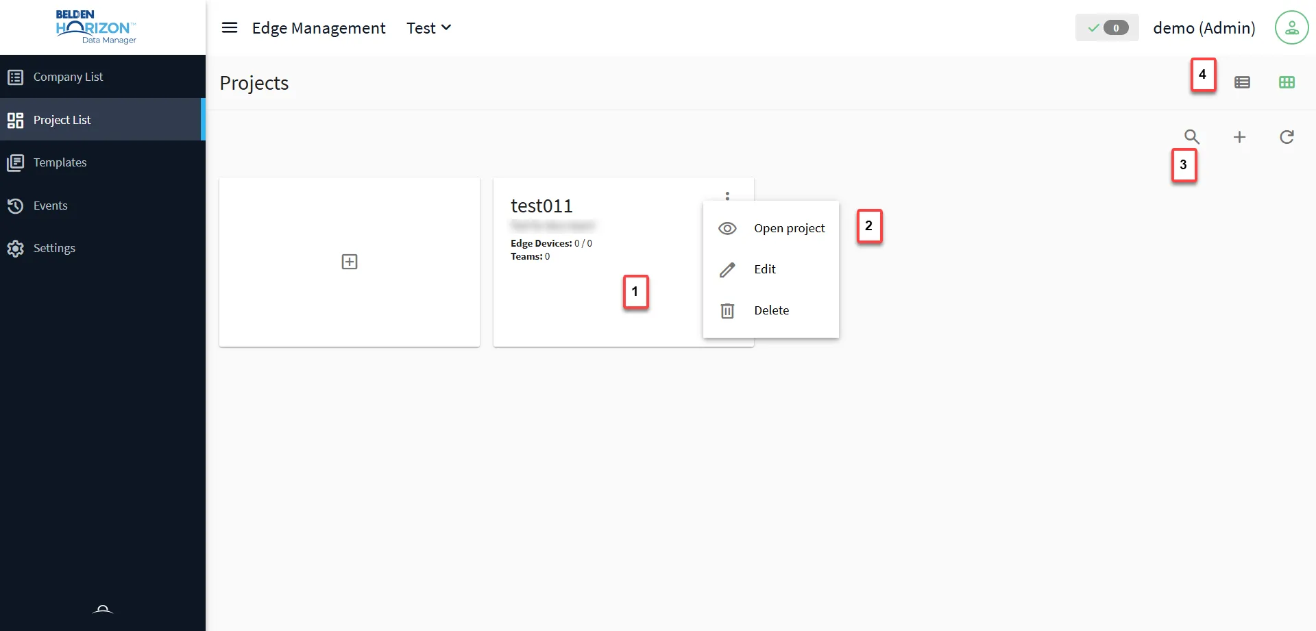 Belden Horizon Data Manager User UI: Project List