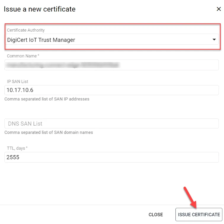 Issue a new certificate dialog box Issue a new certificate dialog box