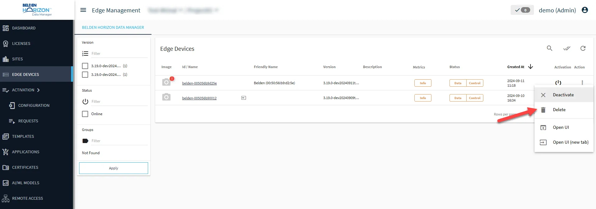 Edge Management page