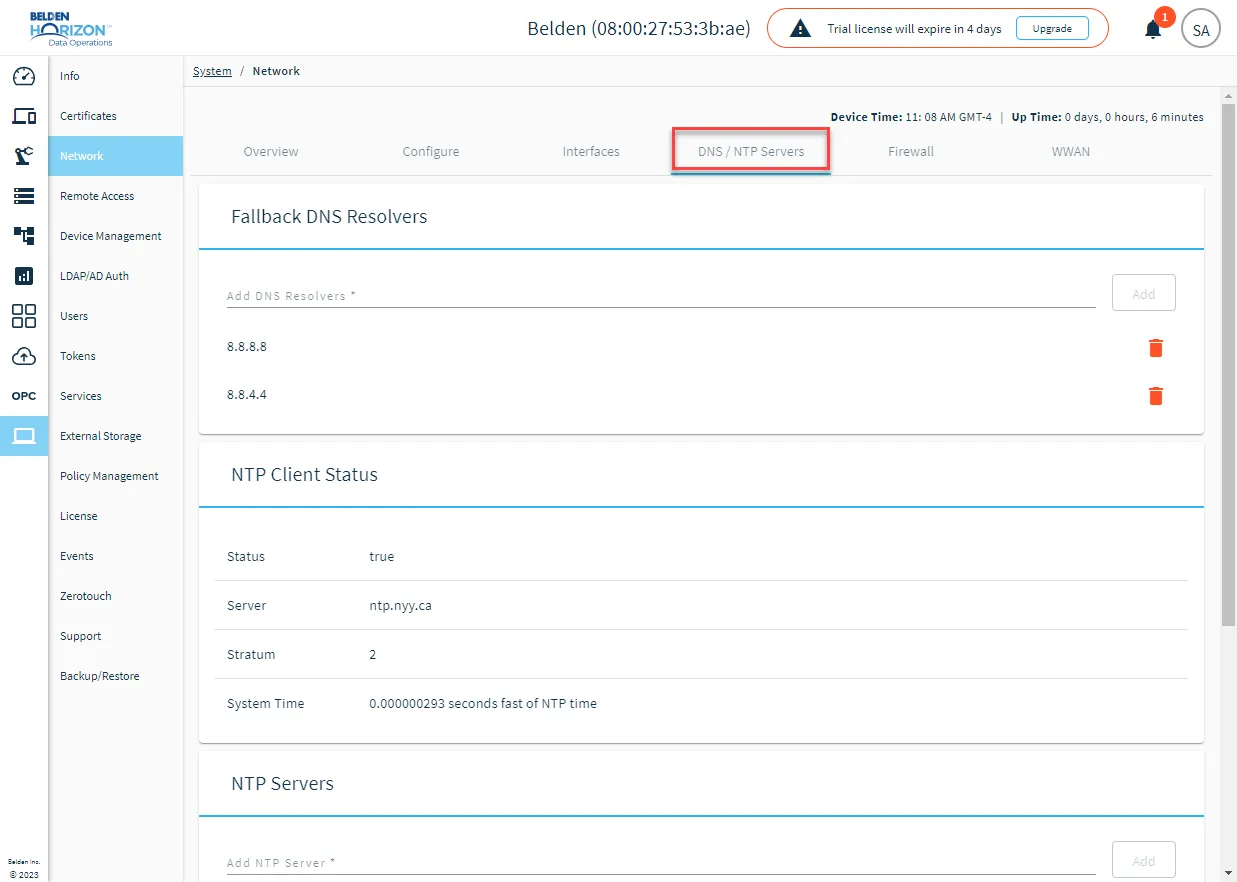 The DNS / NTP Servers tab