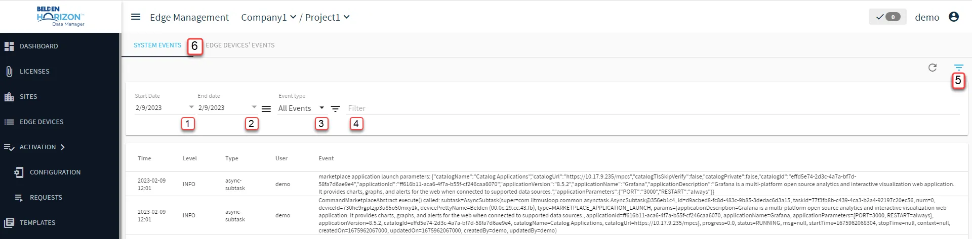 Events [Project View]: System Events tab