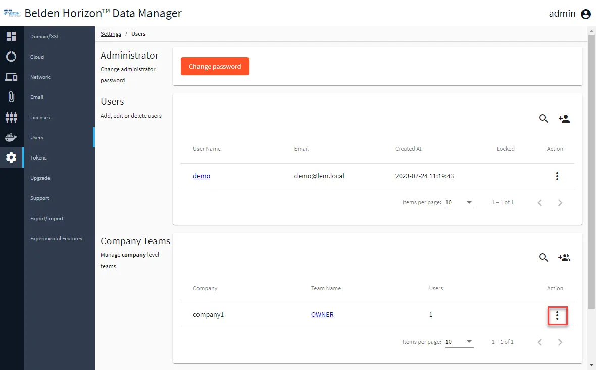 Company team action menu