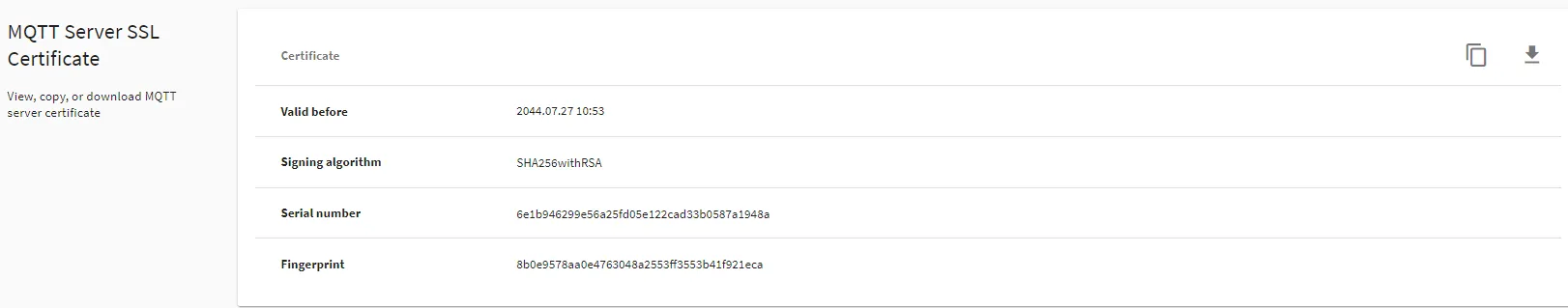 Belden Horizon Data Manager User UI : Settings : Credentials tab : MQTT