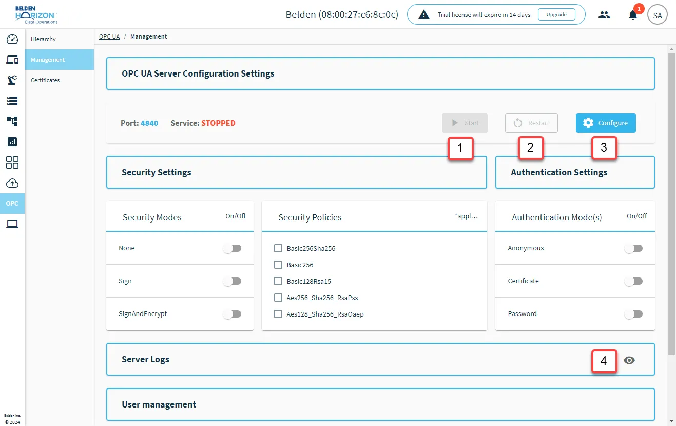 OPC UA Server management options OPC UA Server management options