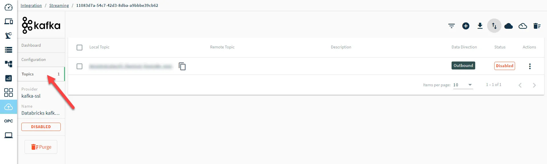 Topics tab in Kafka Connector