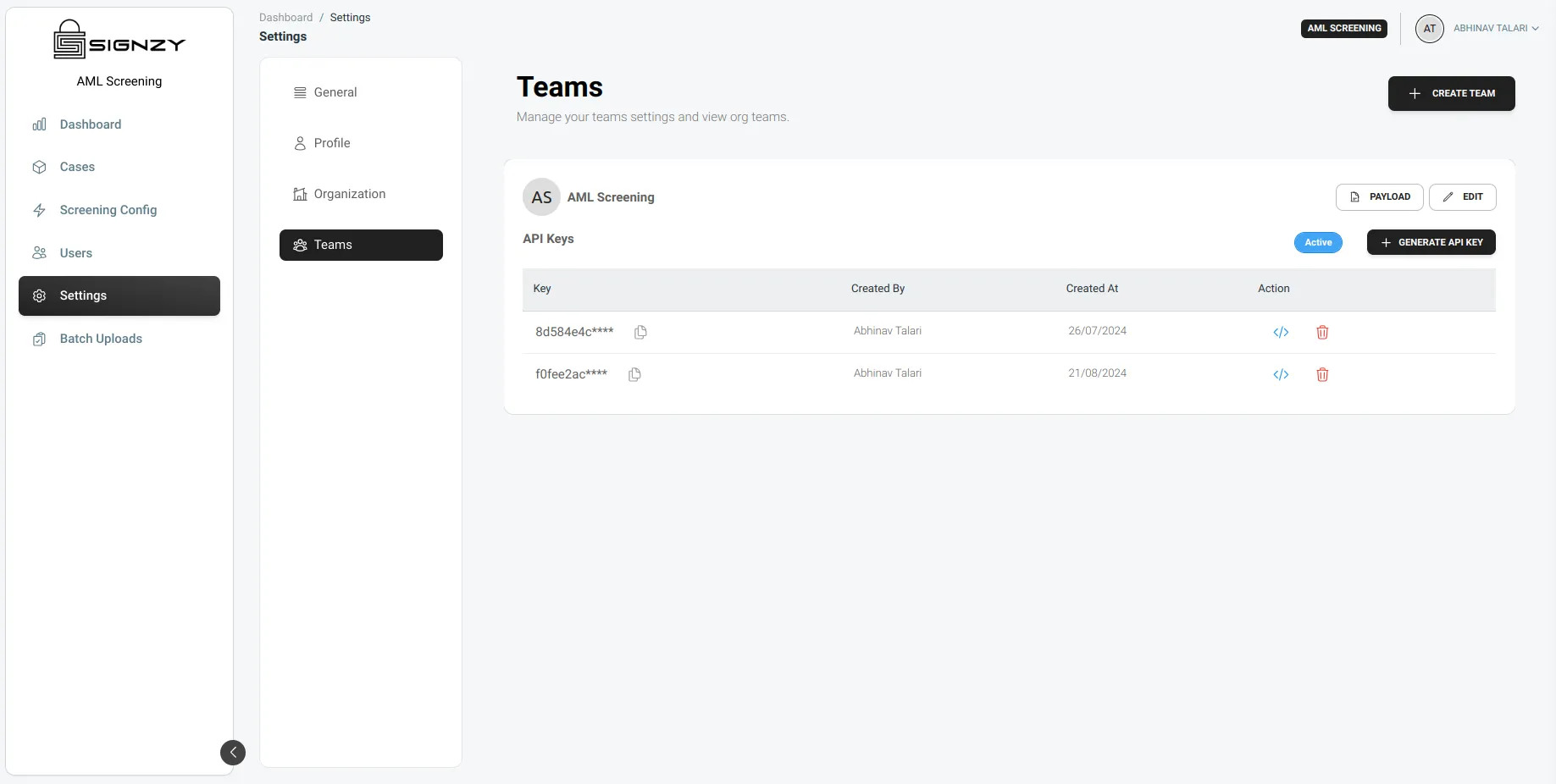 Teams Page