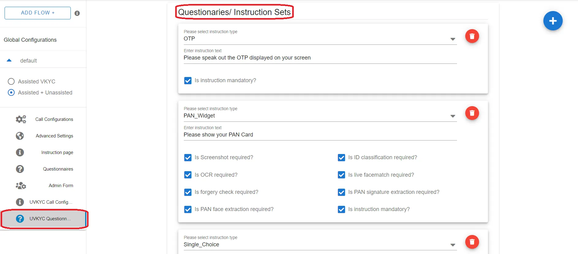Unassisted VKYC Questionnares setup