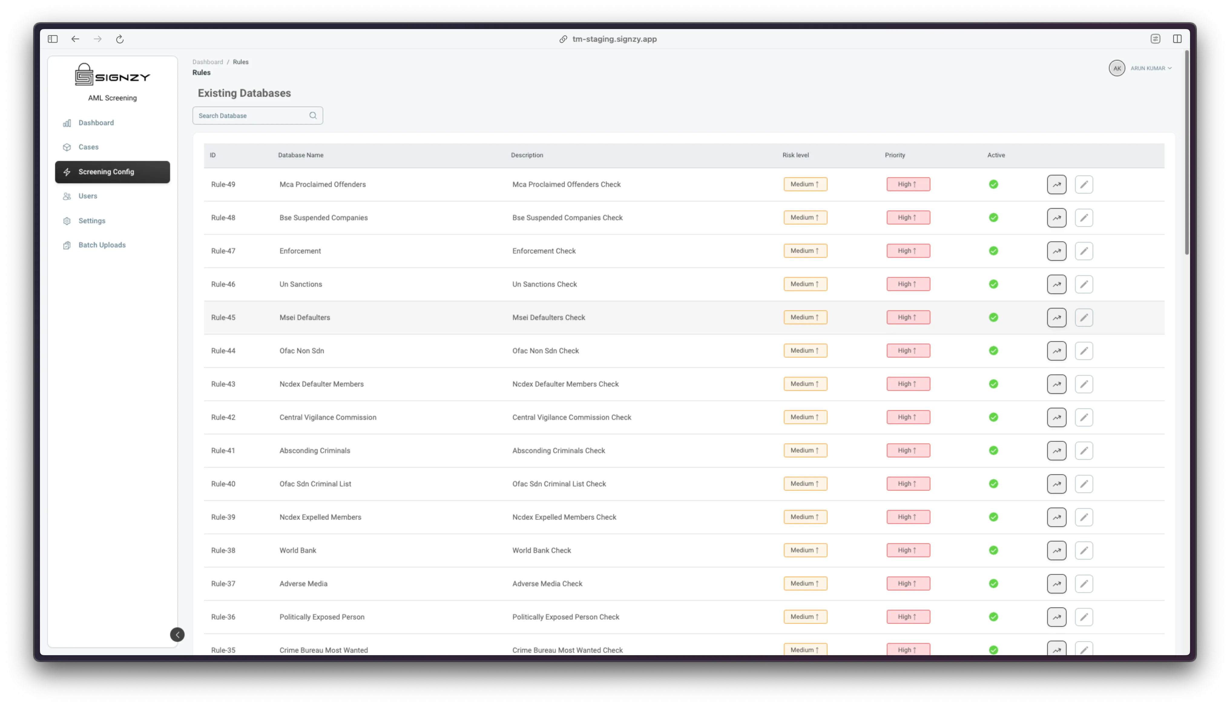 Screening Config Page