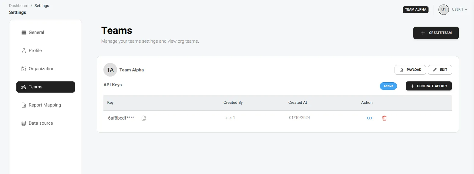 API Key Generation in Teams Settings Page