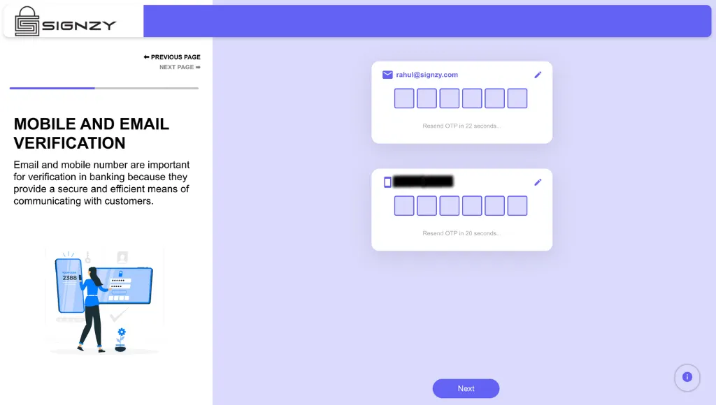 Onboarding user enter the OTP sent to the entered mobile number and email ID